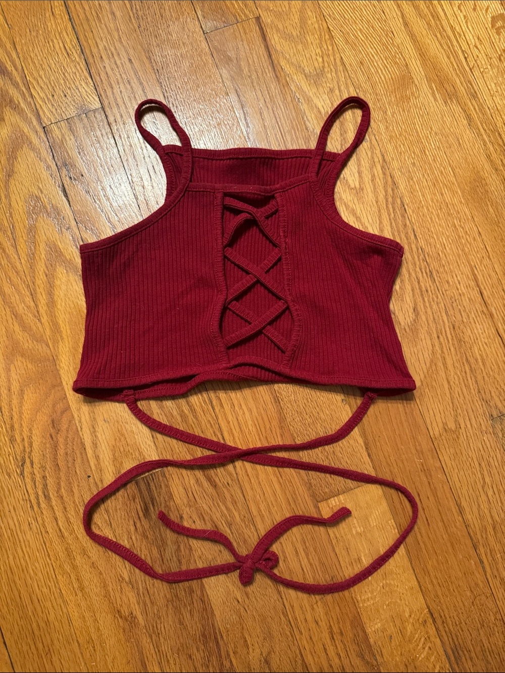 Women’s Lace-Up Ribbed Crop Top in Burgundy